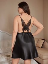 Women Plus Size Black Satin Butterfly Back Chemise Nightgown