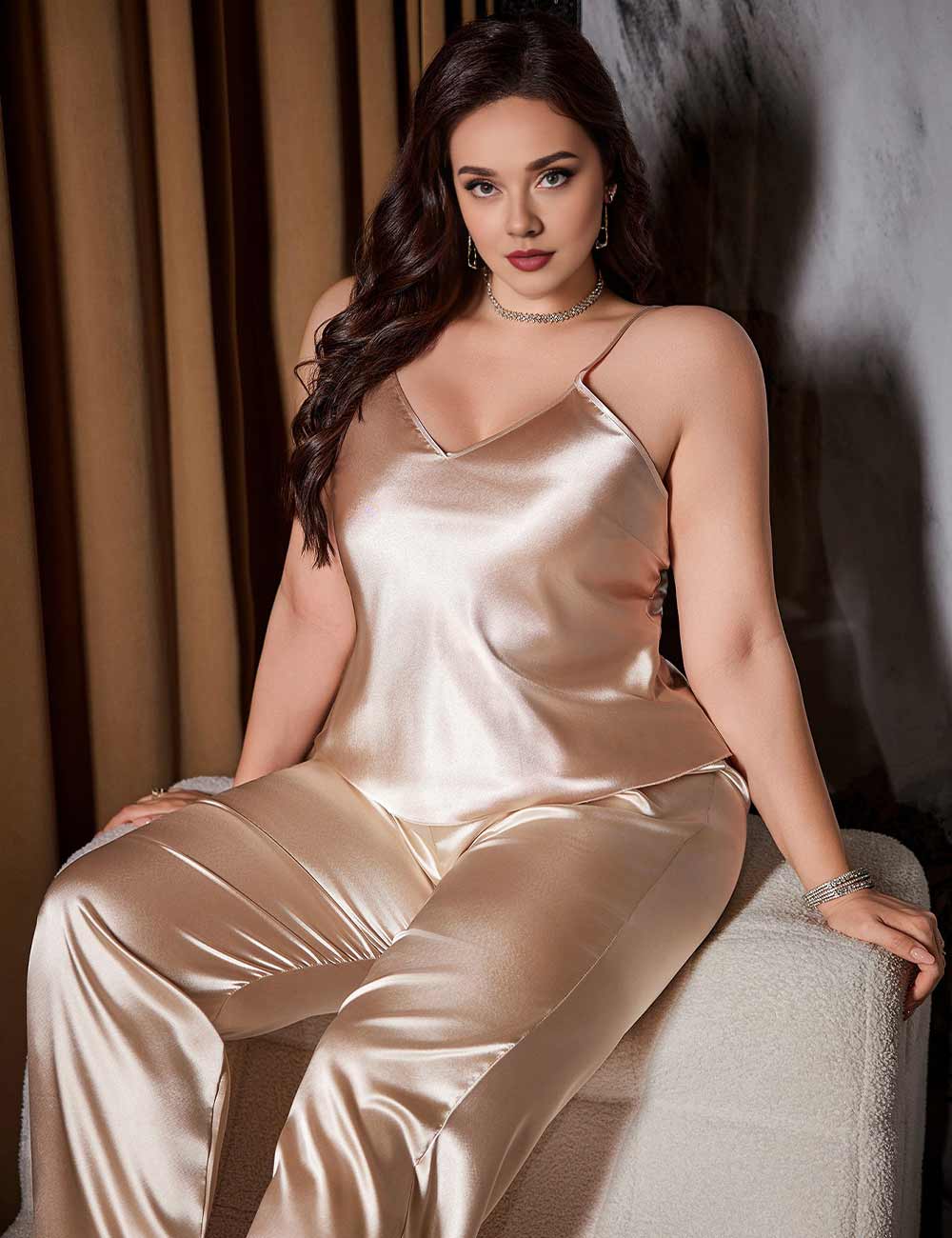 Women Plus Size Champagne Satin Sleepwear Cami and Pants Set