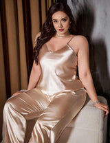 Women Plus Size Champagne Satin Sleepwear Cami and Pants Set