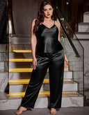 Women Plus Size Black Satin Cami and Long Pants Pajama Set