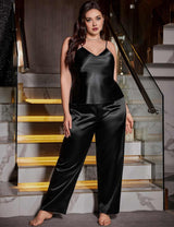 Women Plus Size Black Satin Cami and Long Pants Pajama Set