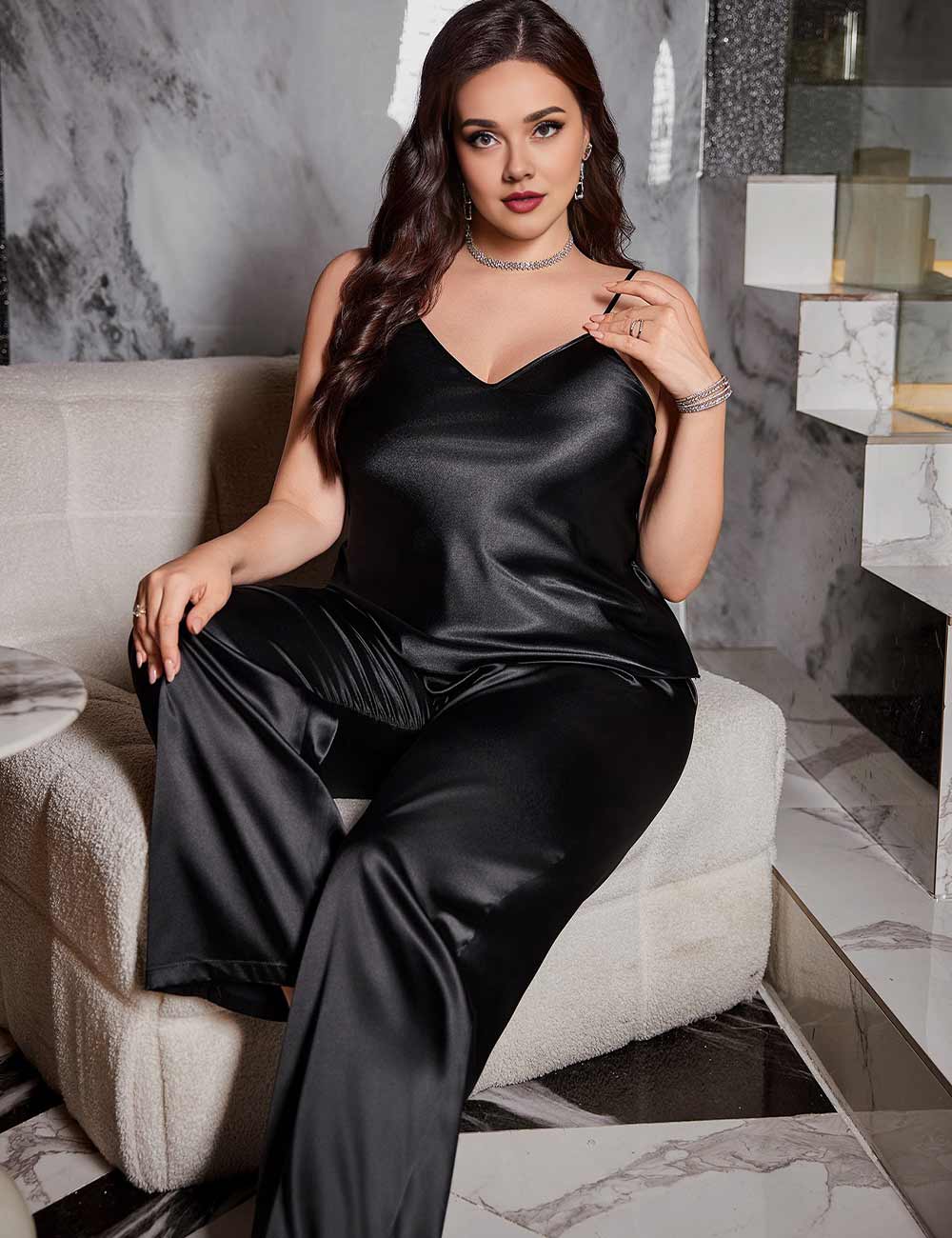 Plus Size Black Satin Cami and Long Pants Pajama Set