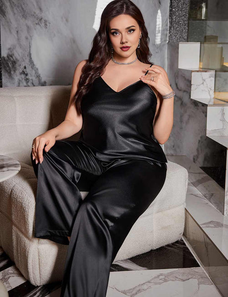 Plus Size Black Satin Cami and Long Pants Pajama Set
