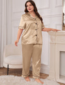 Women Plus Size Champagne Satin Collared Short Sleeve Pajama Set