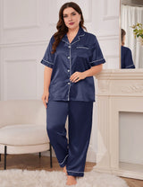 Women Plus Size Navy Satin Collared Short Sleeve Pajama Set