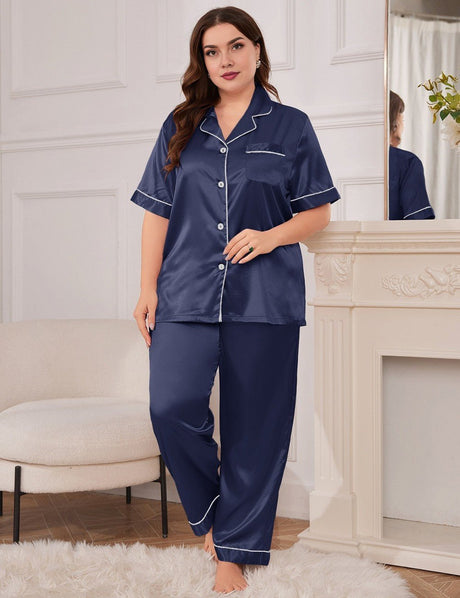 Women Plus Size Navy Satin Collared Short Sleeve Pajama Set