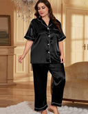 Women Plus Size Black Satin Collared Short Sleeve Pajama Set