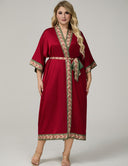 Women Plus Size Burgundy Satin Floral-Trim Long Kimono Robe