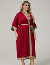 Plus Size Burgundy Satin Floral-Trim Long Kimono Robe For Women