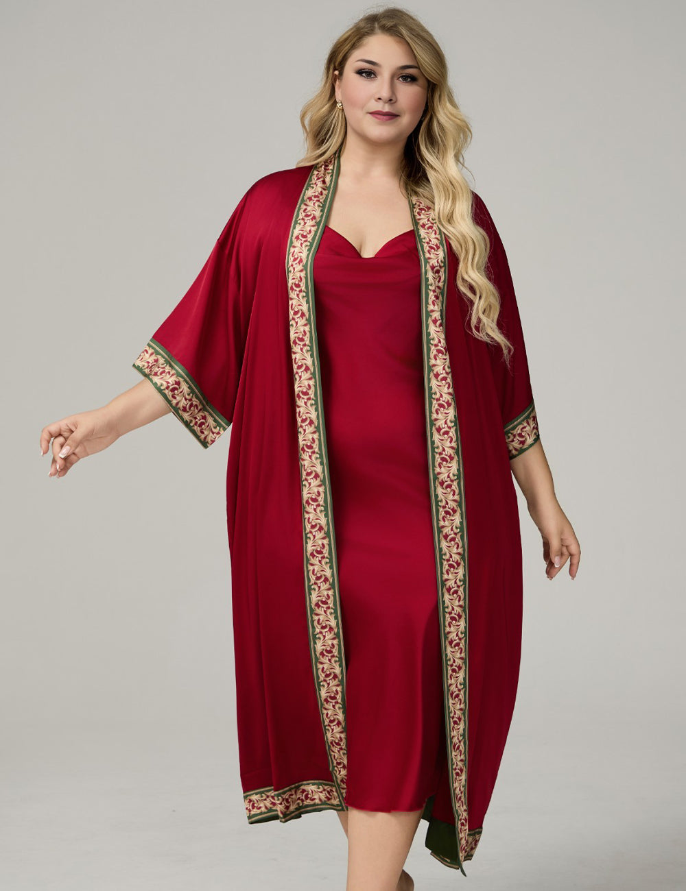 Women Plus Size Burgundy Satin Floral-Trim Kimono Robe Long 