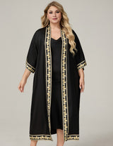Women Plus Size Black Satin Floral-Trim Kimono Robe Long 