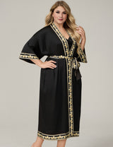 Women Plus Size Black Satin Floral-Trim Long Robe Kimono 