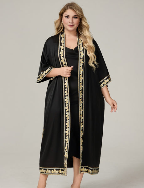 Plus Size Black Satin Floral-Trim Long Kimono Robe For Women