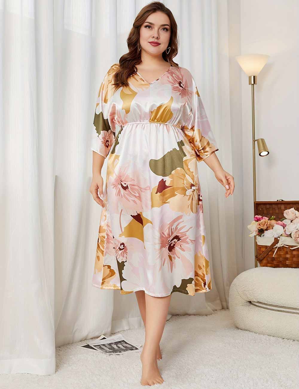 Women Plus Size Satin Floral V-Neck Three-Quarter Sleeve Nightgown