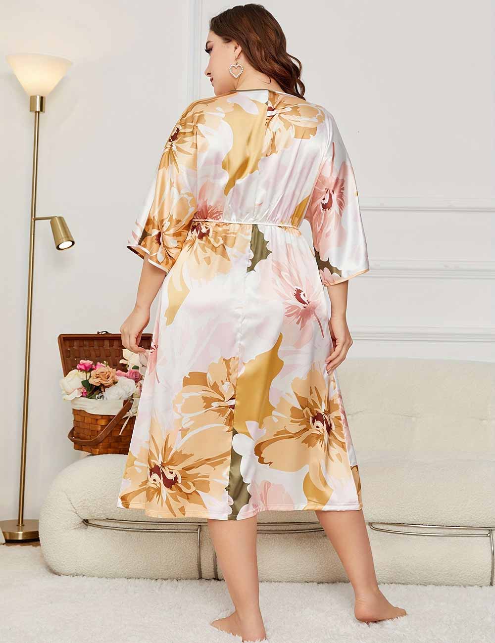 Women Plus Size Satin Floral V-Neck Three-Quarter Sleeve Nightgown Back View