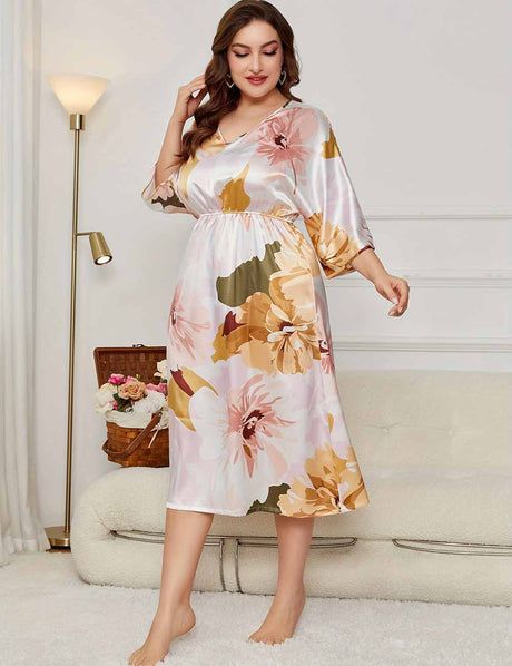 Women Plus Size Satin Floral Three-Quarter Sleeve Nightgown 