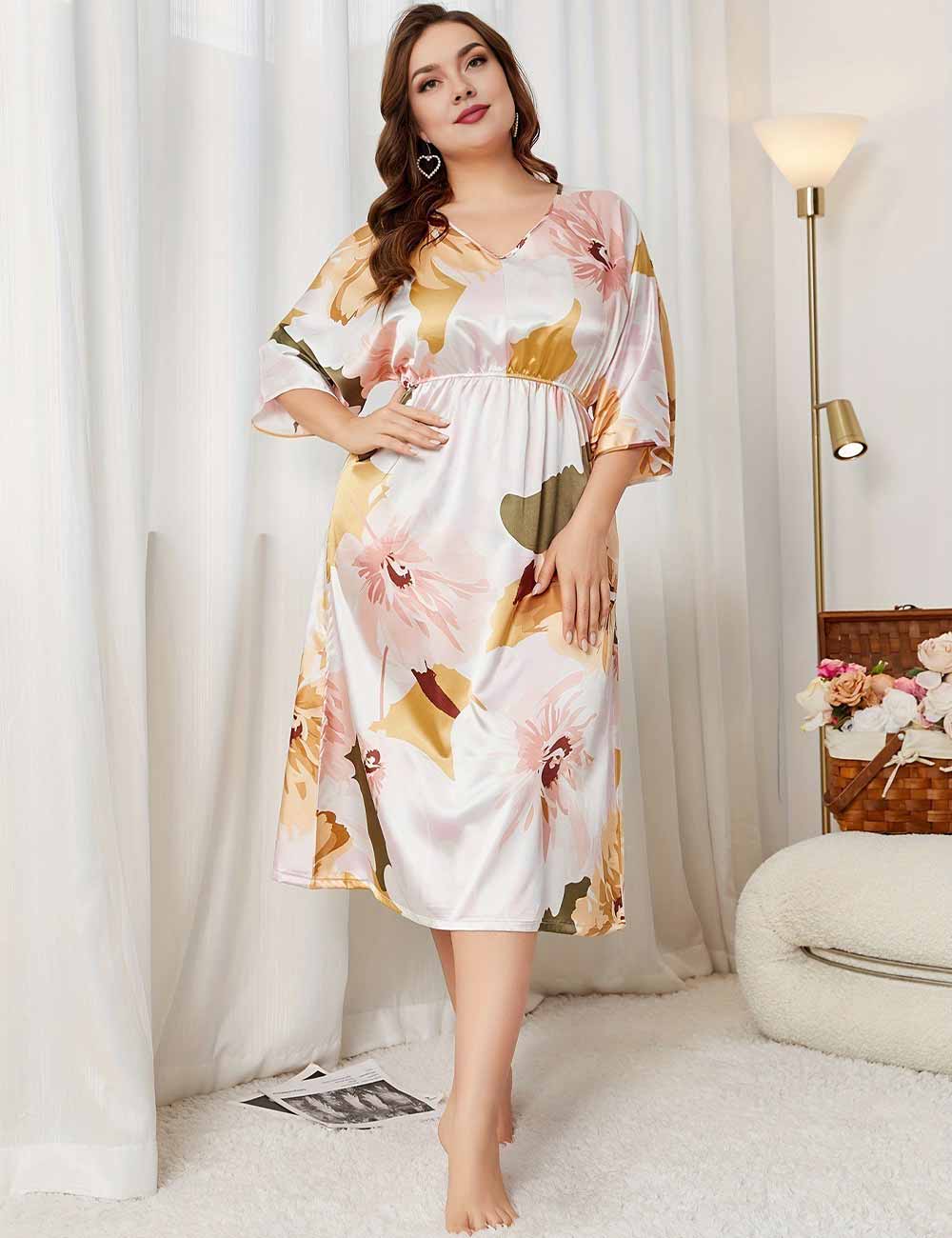 Women Plus Size Satin Three-Quarter  Sleeve Midi Nightgown