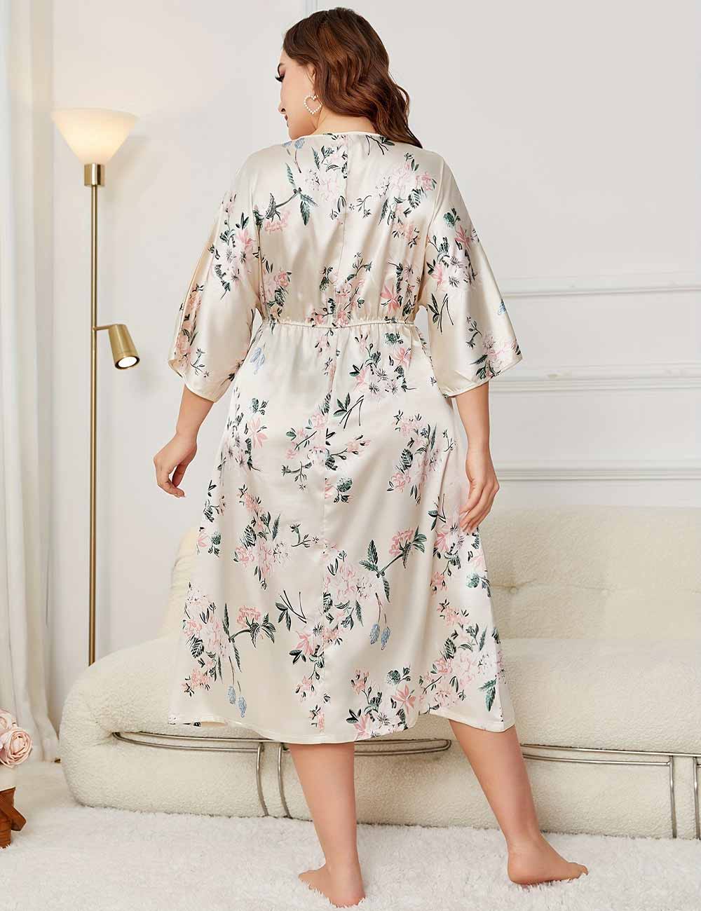 Plus Size Floral Print Satin V-Neck Nightgown Back View