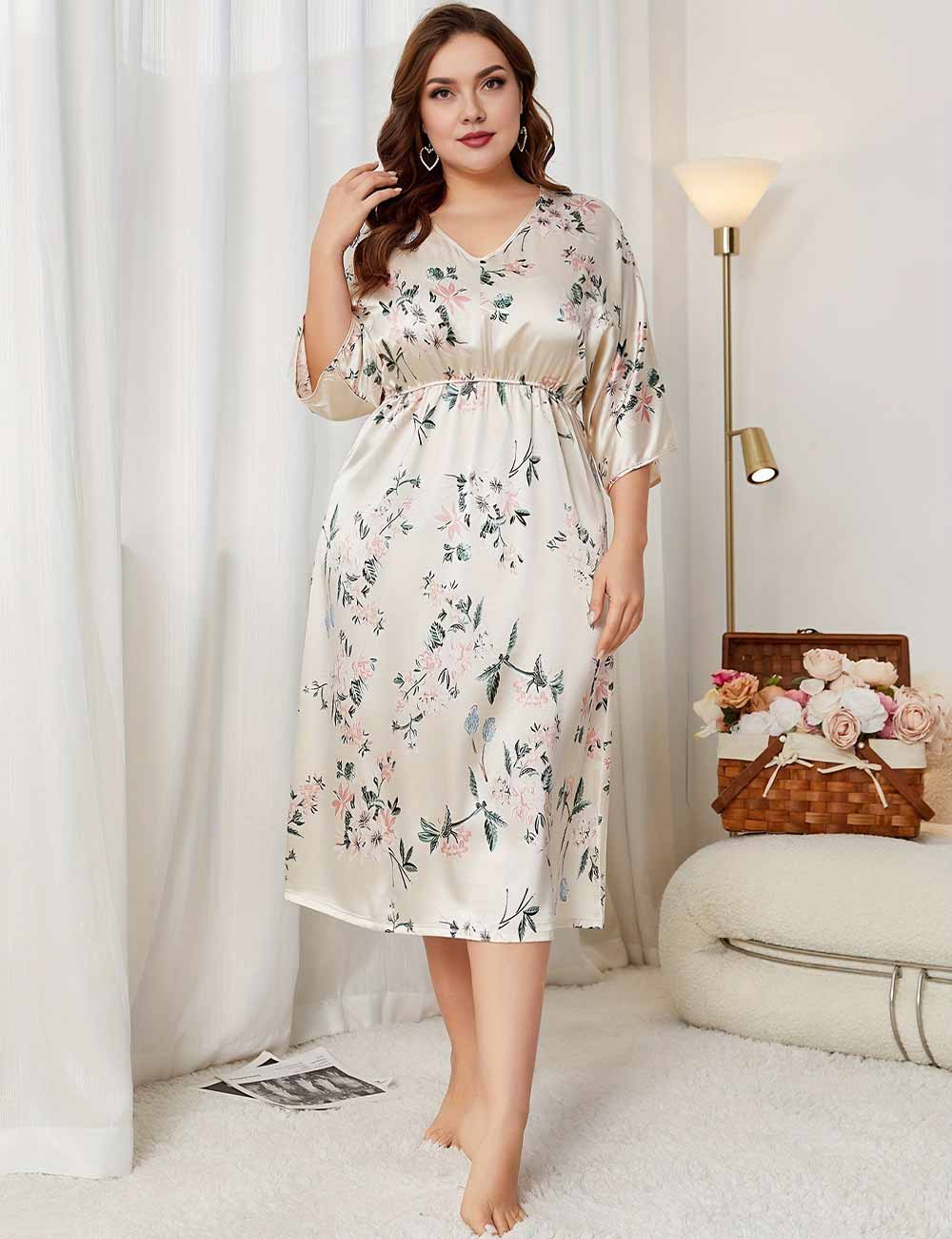 Women Plus Size Elegant Satin V-Neck Three-Quarter Sleeve Sleep Dress
