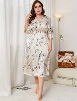 Women Plus Size Elegant Satin V-Neck Three-Quarter Sleeve Sleep Dress