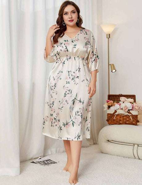 Women Plus Size Elegant Satin V-Neck Three-Quarter Sleeve Sleep Dress