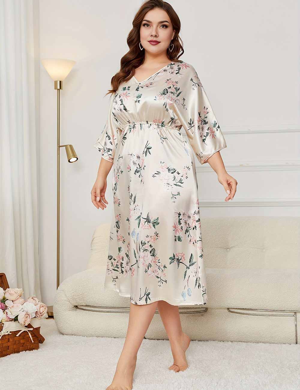 Women Plus Size Cozy Satin Printed Nightgown with V-Neck
