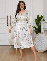 Plus Size Satin Nightgown with V-Neck and Three-Quarter Sleeves