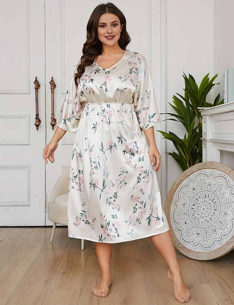 Plus Size Satin Nightgown with V-Neck and Three-Quarter Sleeves