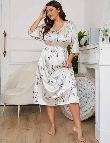 Women Plus Size Satin V-Neck Printed Three-Quarter Sleeve Nightgown