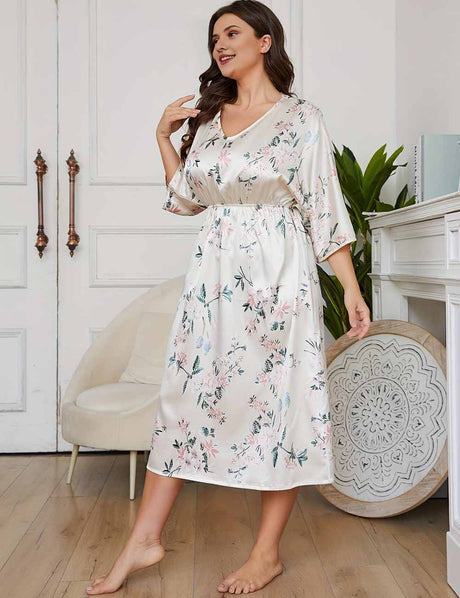 Women Plus Size Satin Printed V-Neck Three-Quarter Sleeve Nightgown