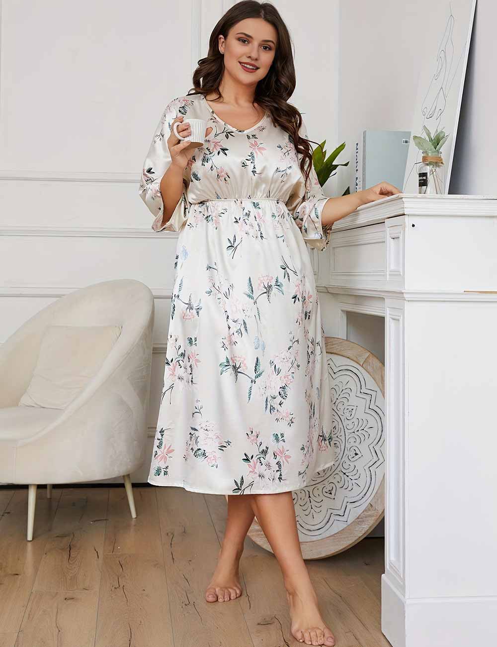 Women Plus Size Satin V-Neck Three-Quarter Sleeve Sleep Dress