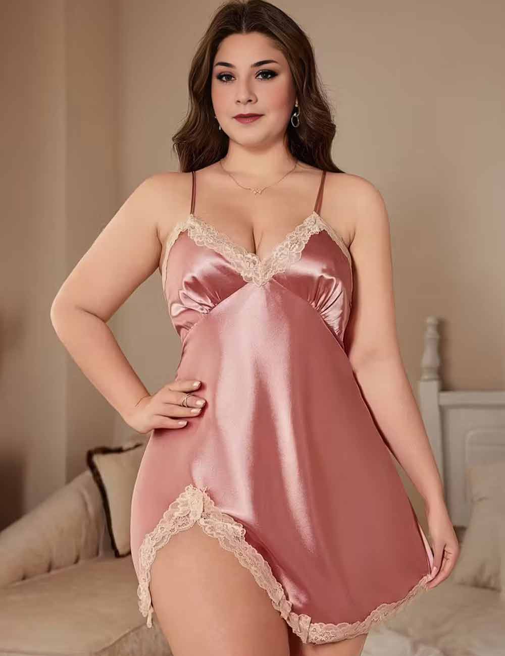 Women Plus Size Pink Satin Lace Trim Camisole Nightgown