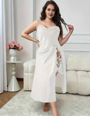 Women Plus Size White Satin Lace Trim High Slit Maxi Nightgown
