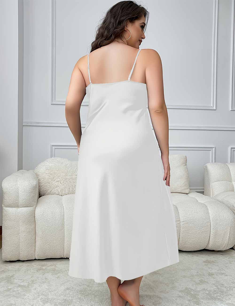 Women Plus Size White Satin Lace Trim High Slit Maxi Nightgown Back View