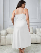 Women Plus Size White Satin Lace Trim High Slit Maxi Nightgown Back View