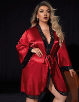 Women Plus Size Satin Lace Trim Robe Red - PRUSES