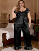 Women Plus Size Black Satin Lace Trim Short Sleeve Pajama Set