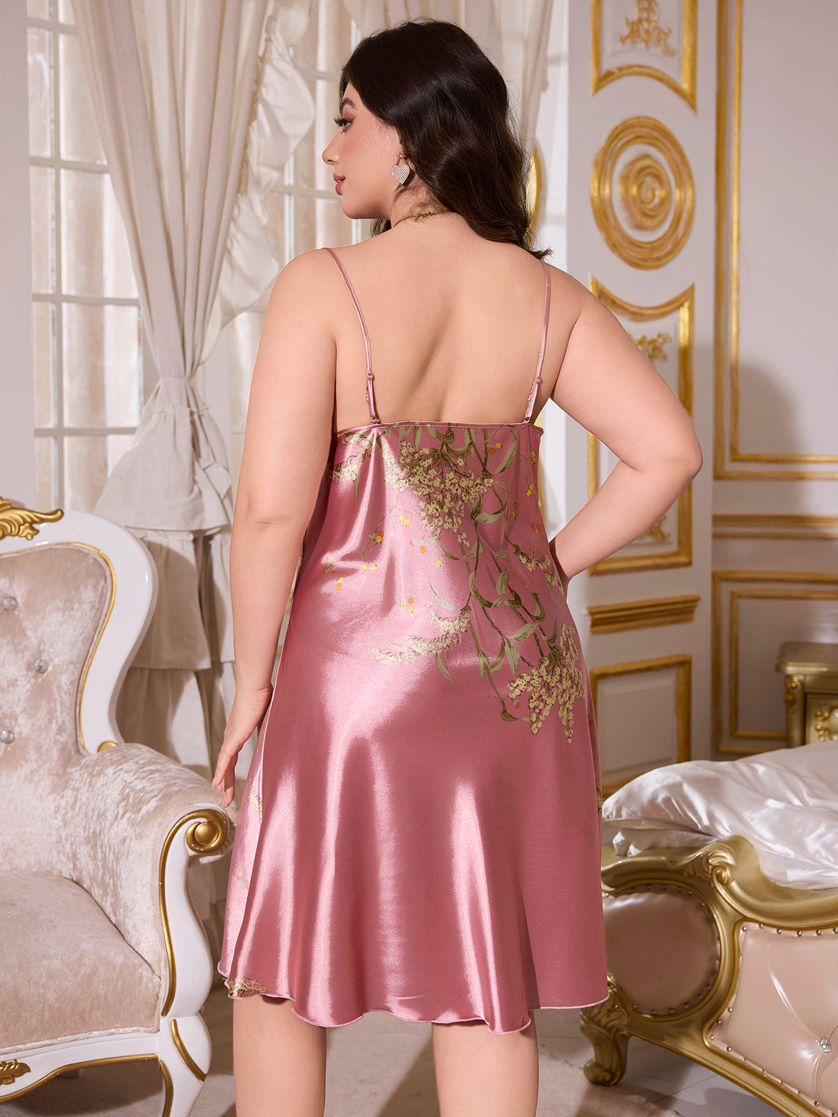 Women Plus Size Pink Satin Printed Camisole Nightgown Back View