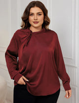 Women Plus Size Satin Shirts Ruched Neck Long Sleeve Blouses | PRUSES - PRUSES