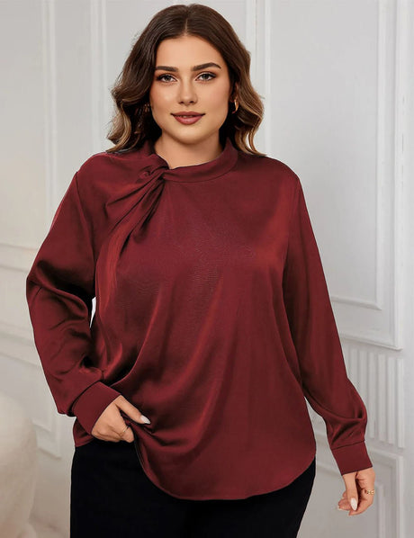 Women Plus Size Satin Shirts Ruched Neck Long Sleeve Blouses | PRUSES - PRUSES