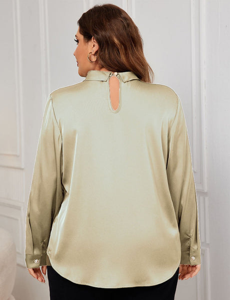Women Plus Size Satin Shirts Ruched Neck Long Sleeve Blouses | PRUSES - PRUSES