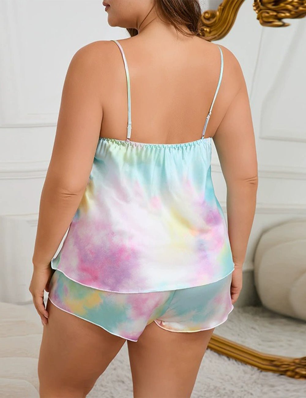Women Plus Size Satin Tie-Dye V-Neck Camisole Pajama Set Back View