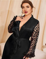 Women Plus Size See - Through Lace Sleeve Silk Robe - PRUSES