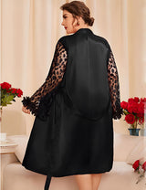 Women Plus Size See - Through Lace Sleeve Silk Robe - PRUSES