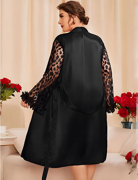 Women Plus Size See - Through Lace Sleeve Silk Robe - PRUSES