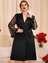 Women Plus Size See - Through Lace Sleeve Silk Robe - PRUSES
