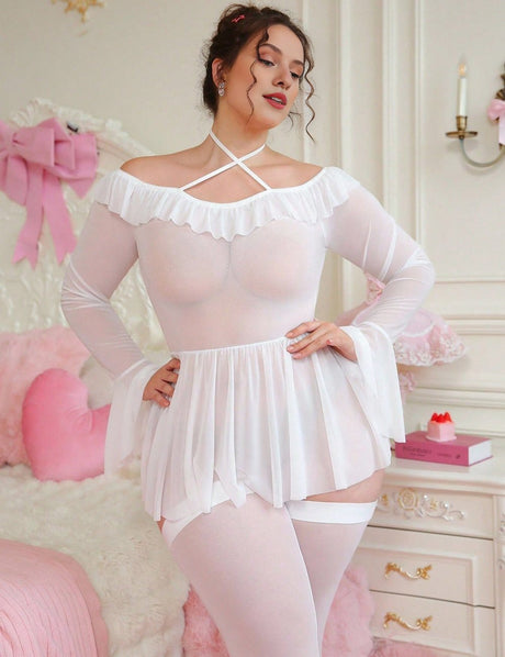 Women Plus Size Sheer Halter Babydoll with Thigh - High Stockings - PRUSES