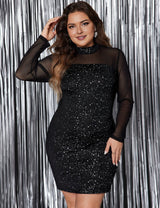 Women Plus Size Sheer Mesh Sequin Bodycon Dress - PRUSES