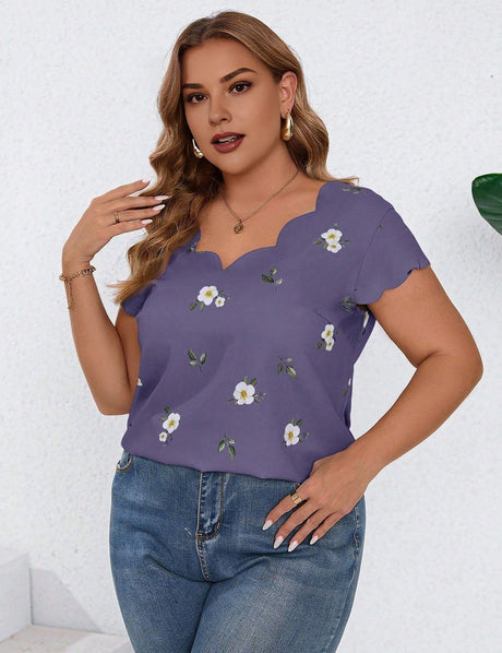 Women Plus Size Shell Edge Flower Print T-shirt | PRUSES - PRUSES