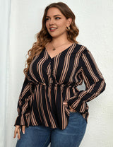 Women Plus Size Shirt Striped Long Sleeve Waist Blouse | PRUSES - PRUSES